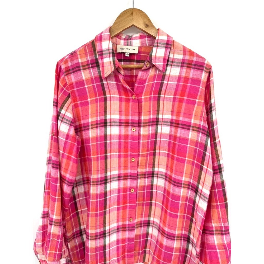 Jones New York Sport Shirt L 100% Linen Plaid Madras Button Front Preppy - Picture 3 of 12